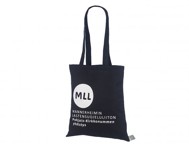 Sort organisk bomuldspose med virksomhedslogo. Minimumordre på bestillinger med personligt tryk st